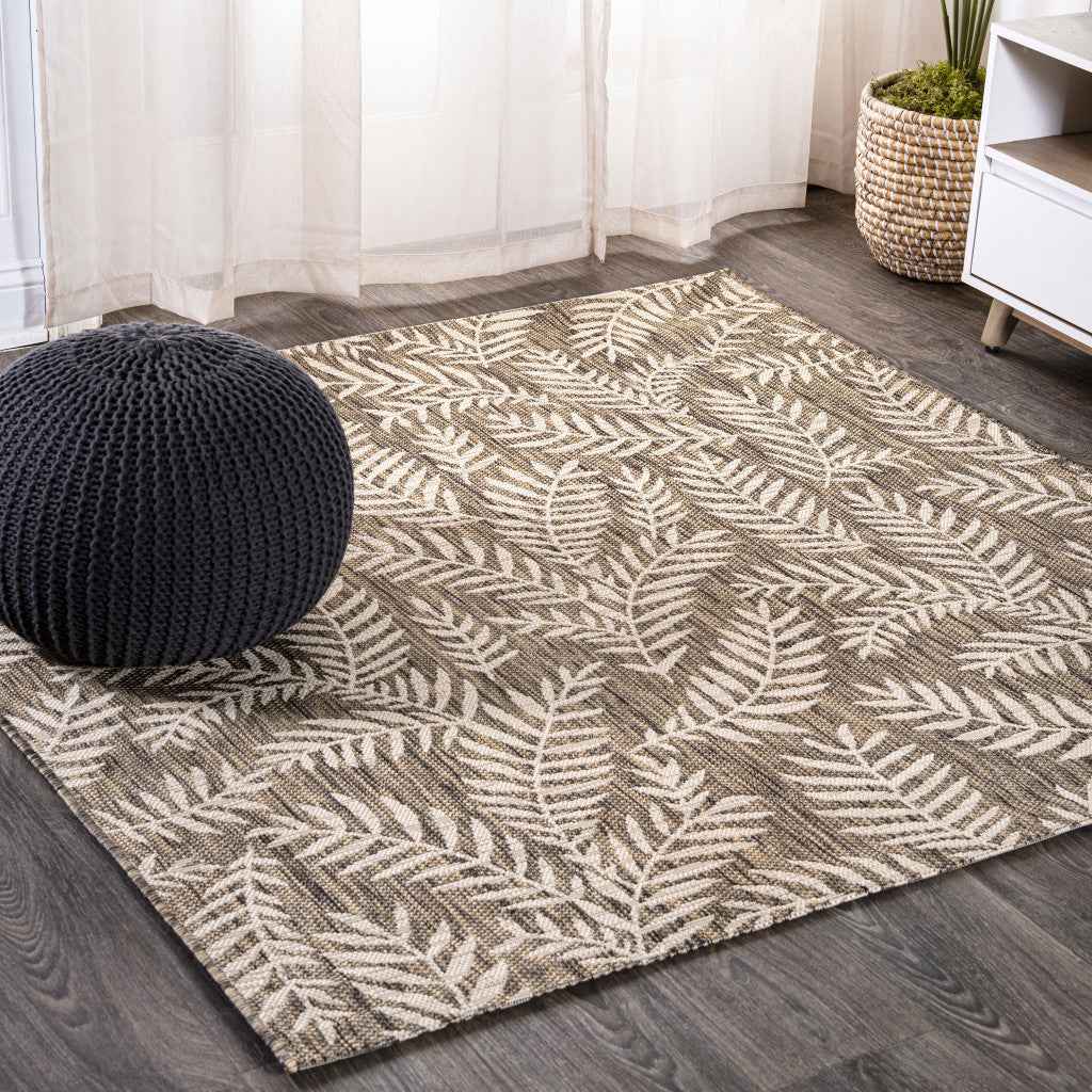 6' Brown And Beige Square Floral Indoor Outdoor Area Rug Default Title