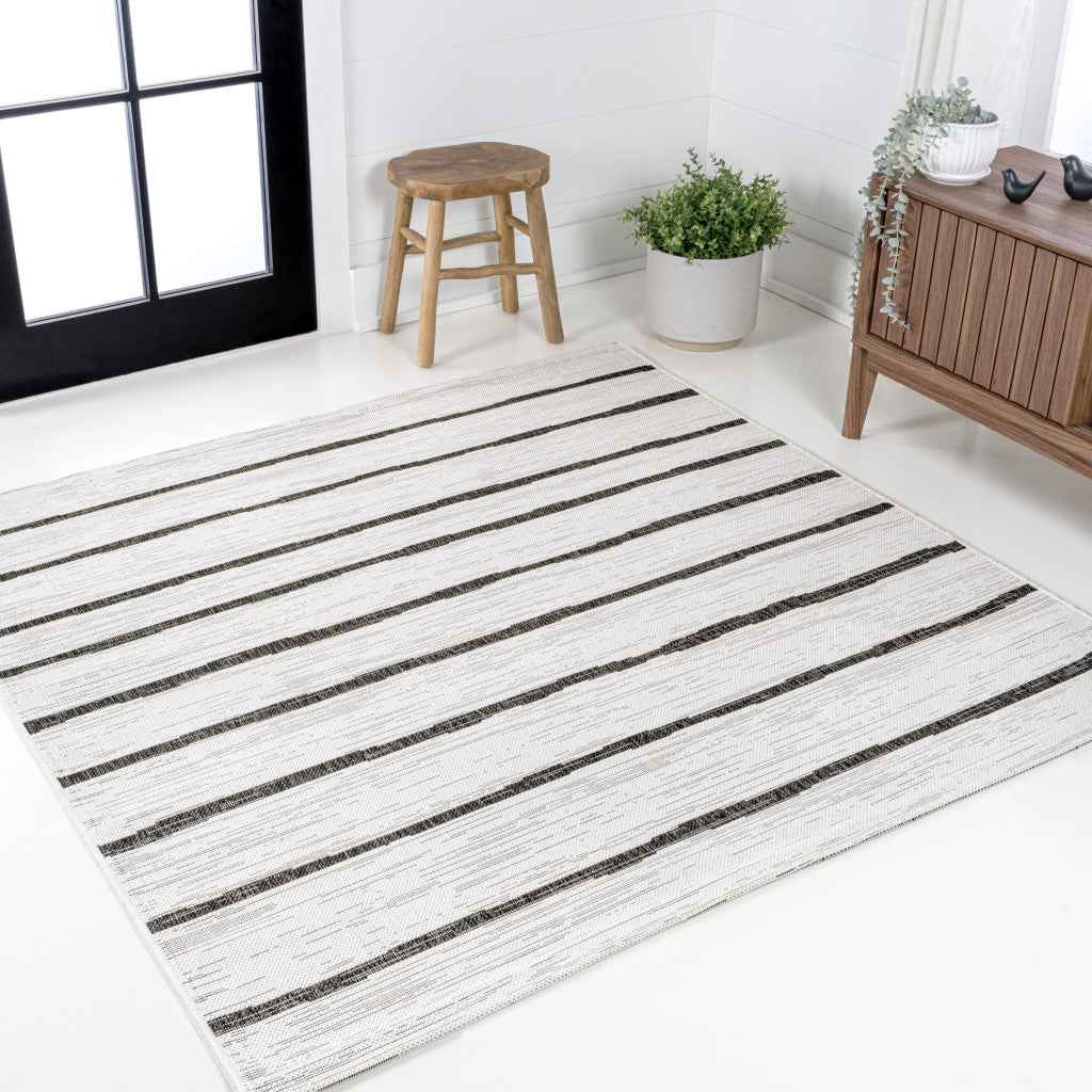 8' Ivory And Black Square Striped Indoor Outdoor Area Rug