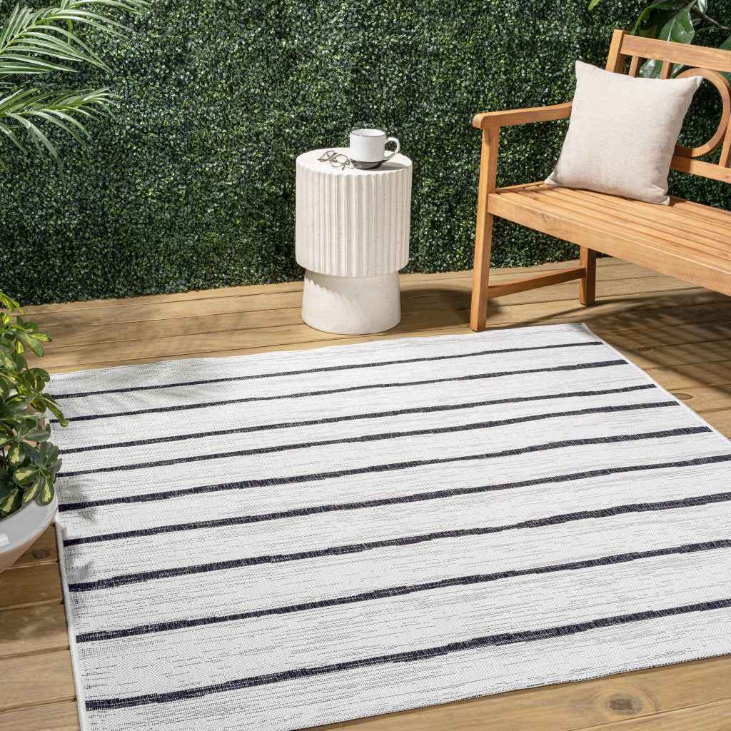 8' Ivory And Black Square Striped Indoor Outdoor Area Rug