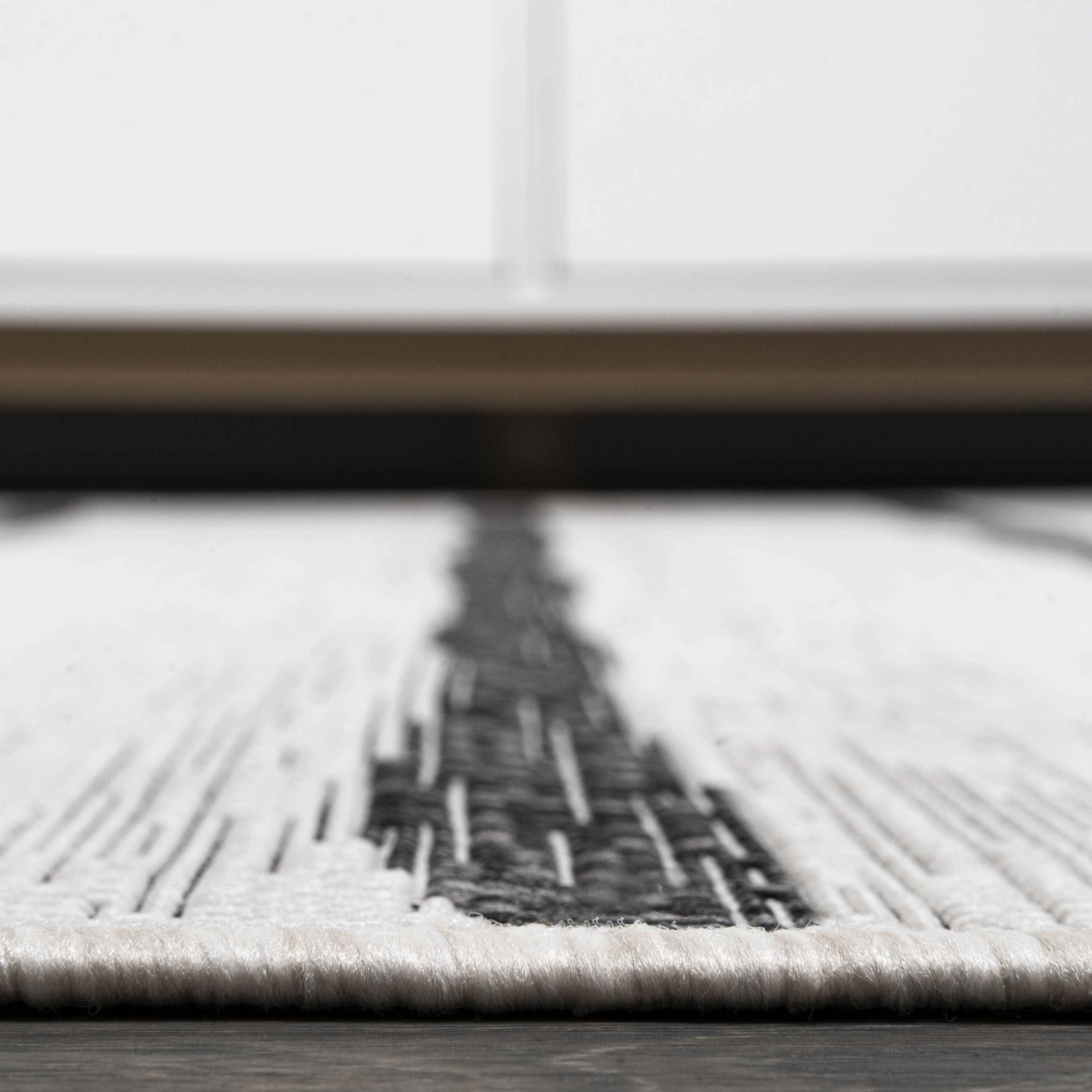 8' Ivory And Black Square Striped Indoor Outdoor Area Rug