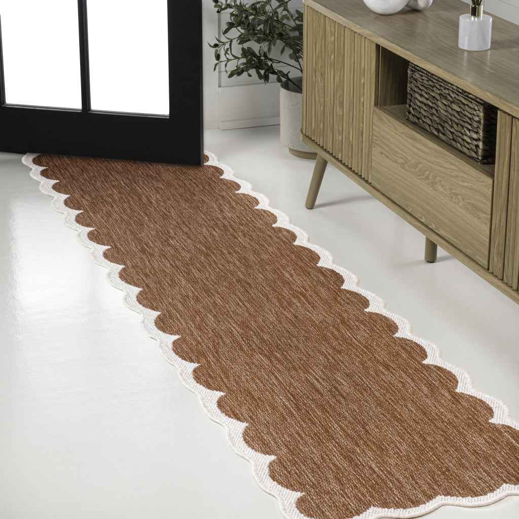 8' Terra Cotta And Cream Indoor Outdoor Runner Rug