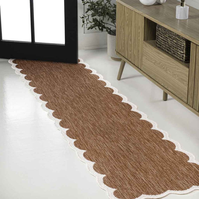 8' Terra Cotta And Cream Indoor Outdoor Runner Rug