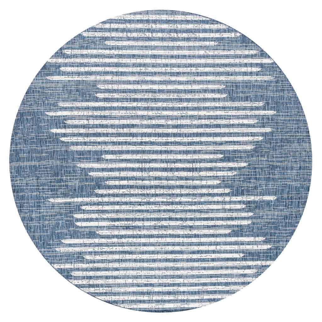 8' Blue And Ivory Round Striped Indoor Outdoor Area Rug Default Title