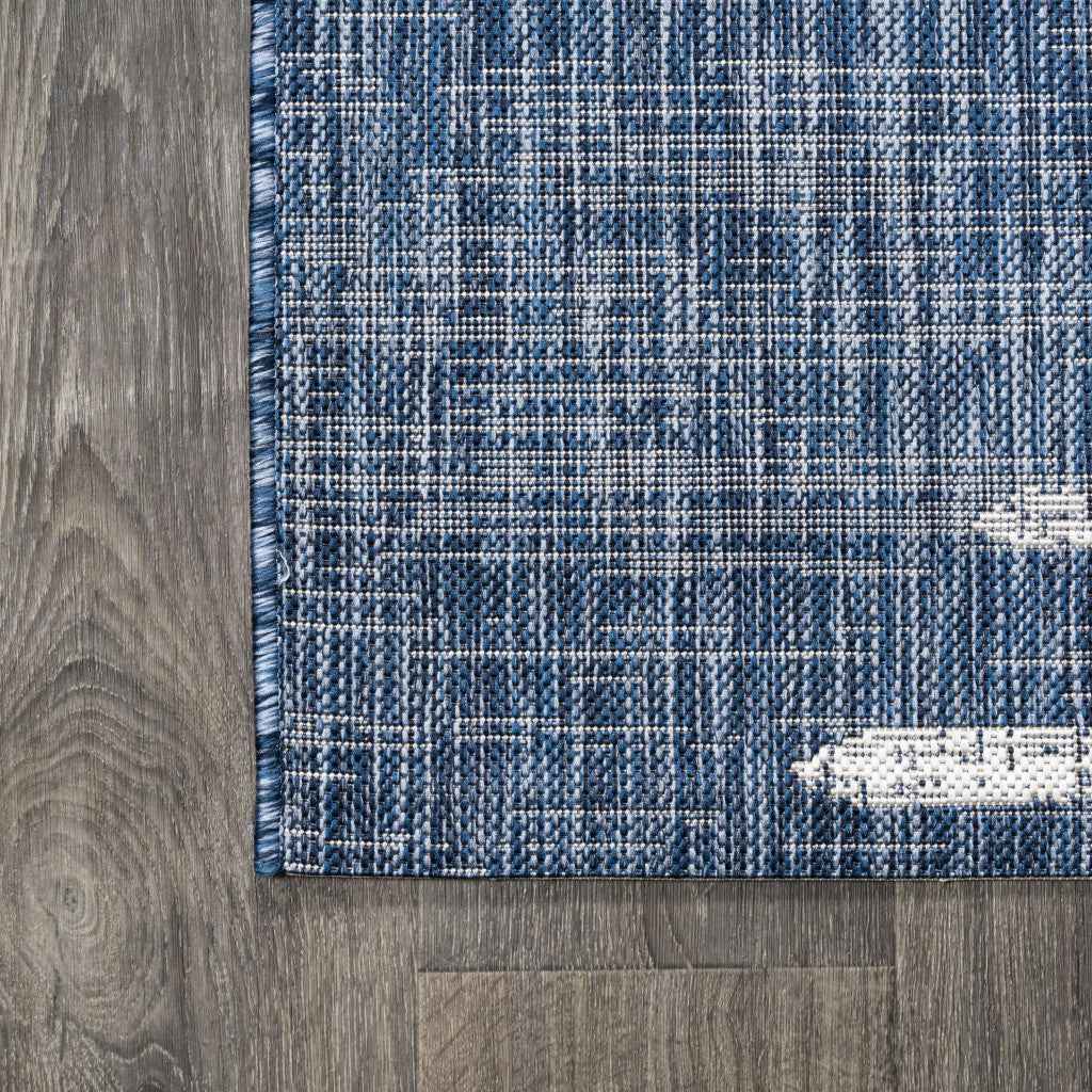 8' Blue And Ivory Round Striped Indoor Outdoor Area Rug