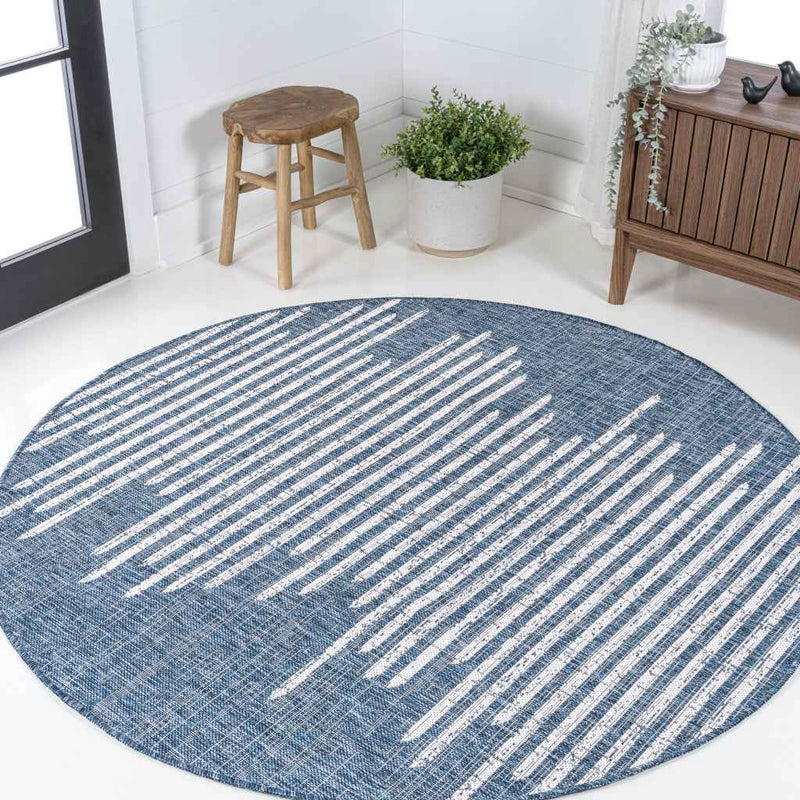 8' Blue And Ivory Round Striped Indoor Outdoor Area Rug