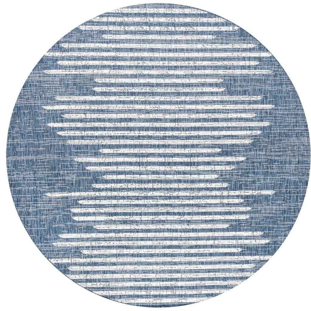 8' Blue And Ivory Round Striped Indoor Outdoor Area Rug