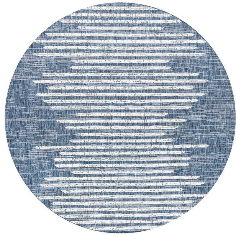 8' Blue And Ivory Round Striped Indoor Outdoor Area Rug