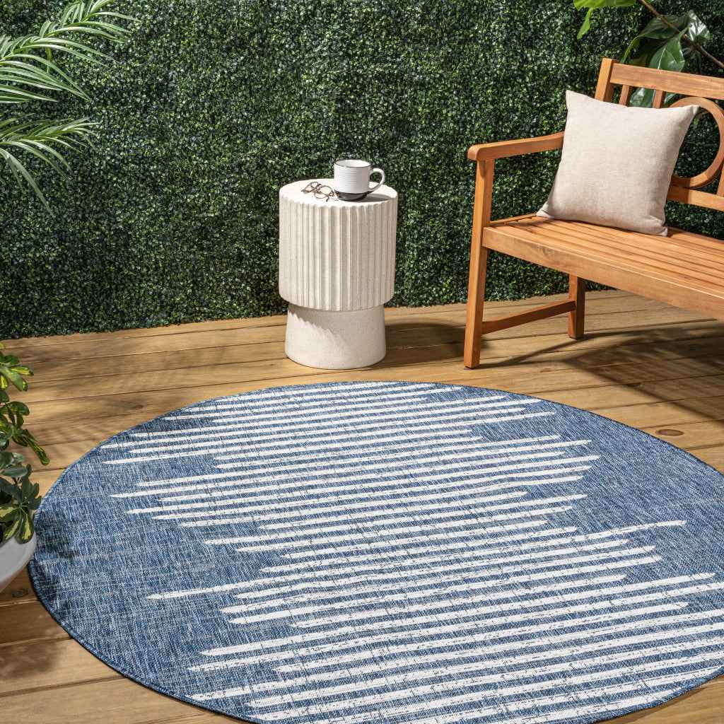 8' Blue And Ivory Round Striped Indoor Outdoor Area Rug