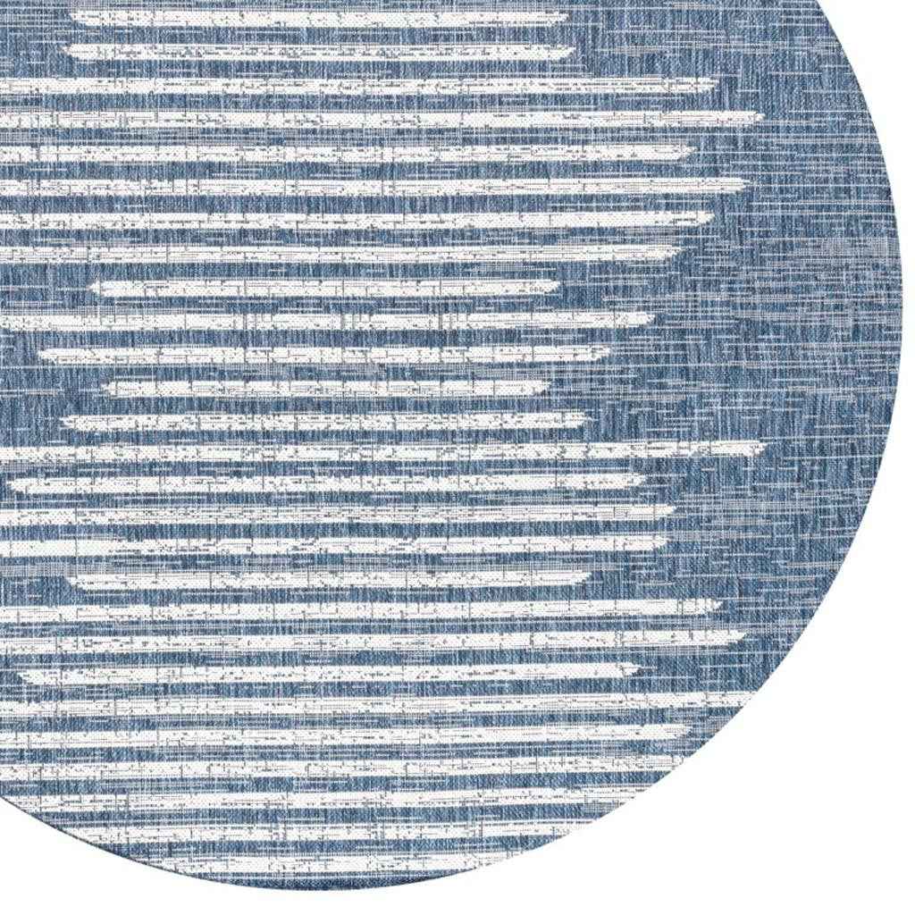 8' Blue And Ivory Round Striped Indoor Outdoor Area Rug