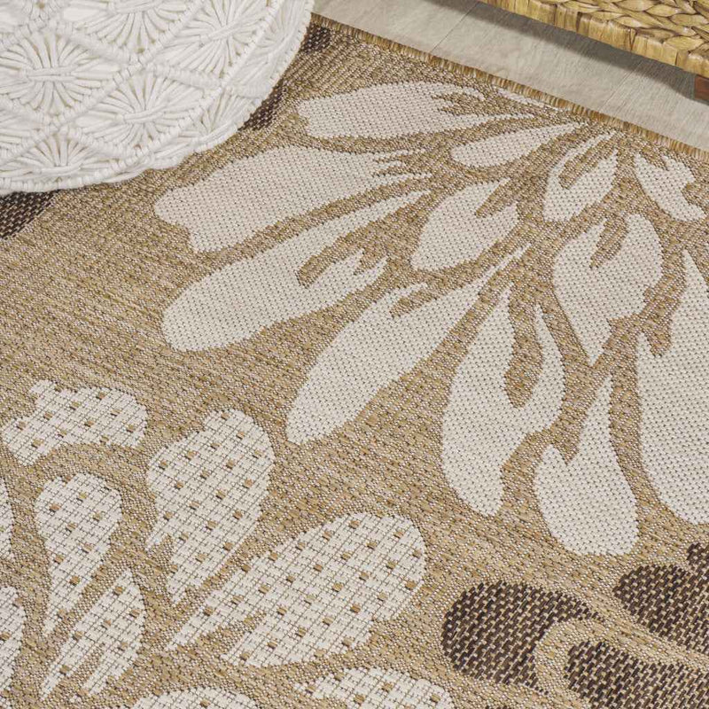 6' Brown And Cream Square Floral Indoor Outdoor Area Rug
