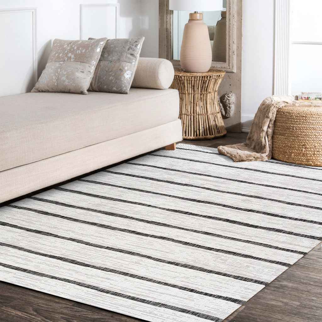 6' X 9' Ivory And Black Striped Indoor Outdoor Area Rug
