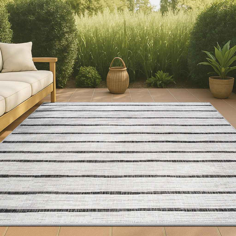 6' X 9' Ivory And Black Striped Indoor Outdoor Area Rug