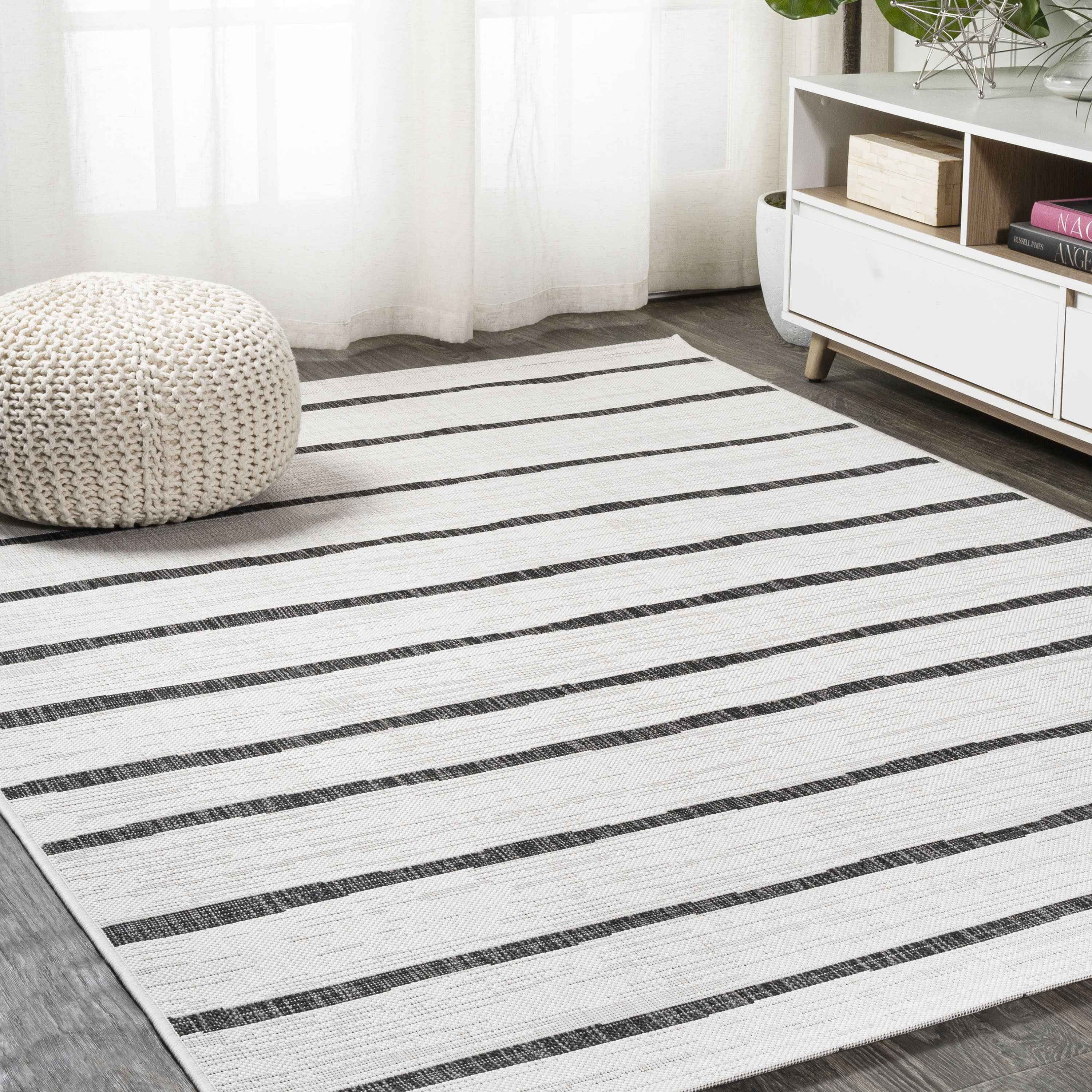 6' X 9' Ivory And Black Striped Indoor Outdoor Area Rug