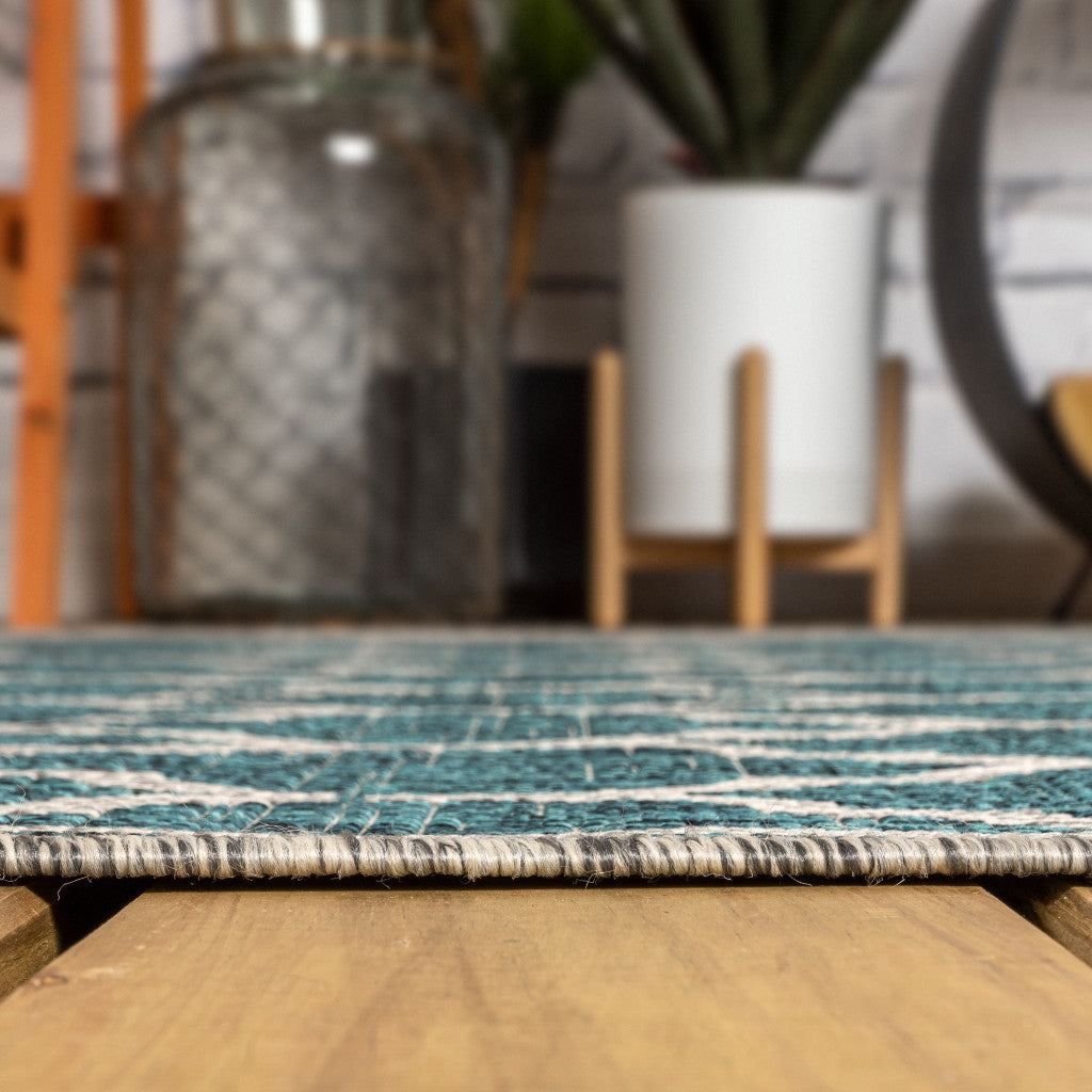 8' Teal Blue And Gray Round Geometric Indoor Outdoor Area Rug - Sports & Outdoor