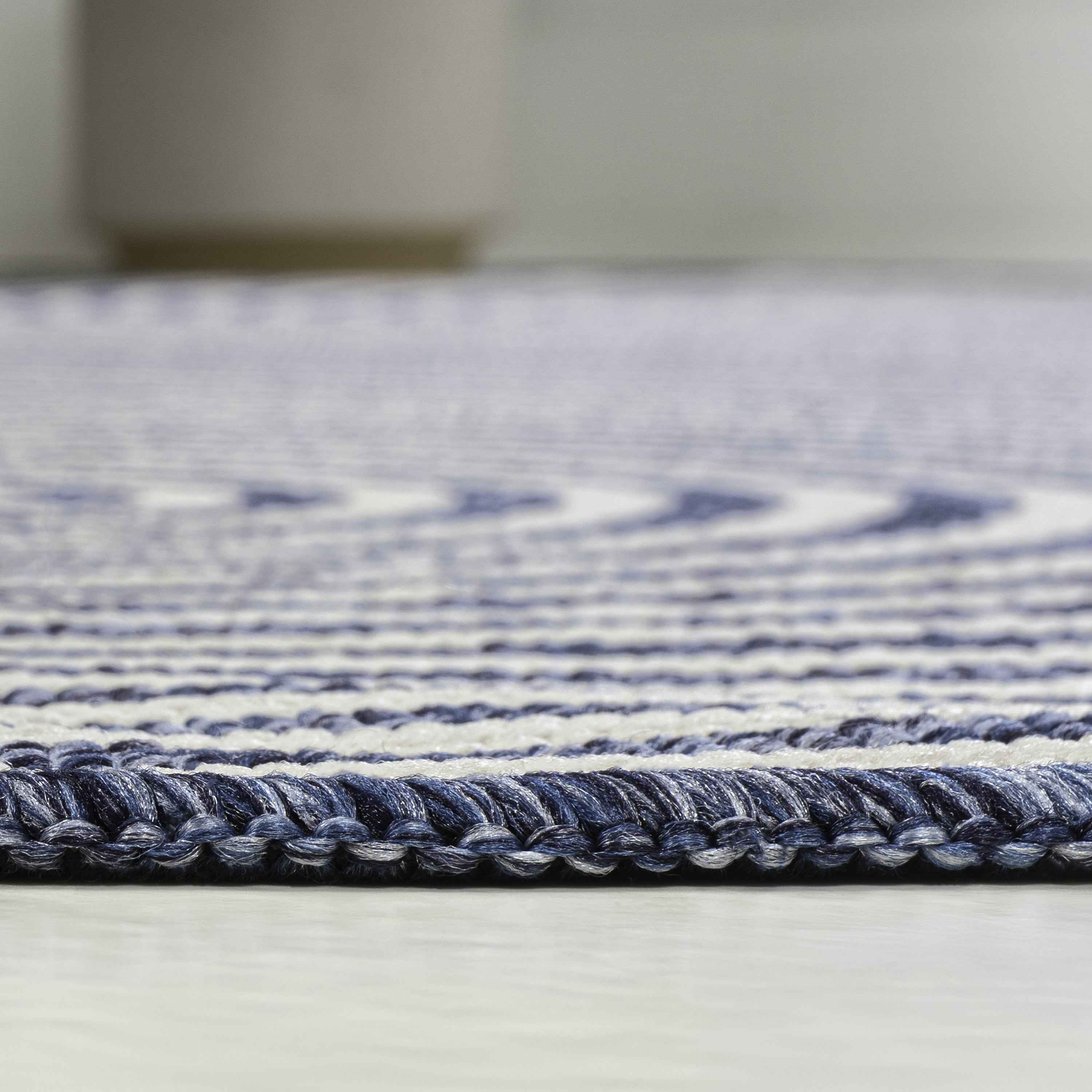 8' Cream And Navy Blue Abstract Indoor Outdoor Runner Rug