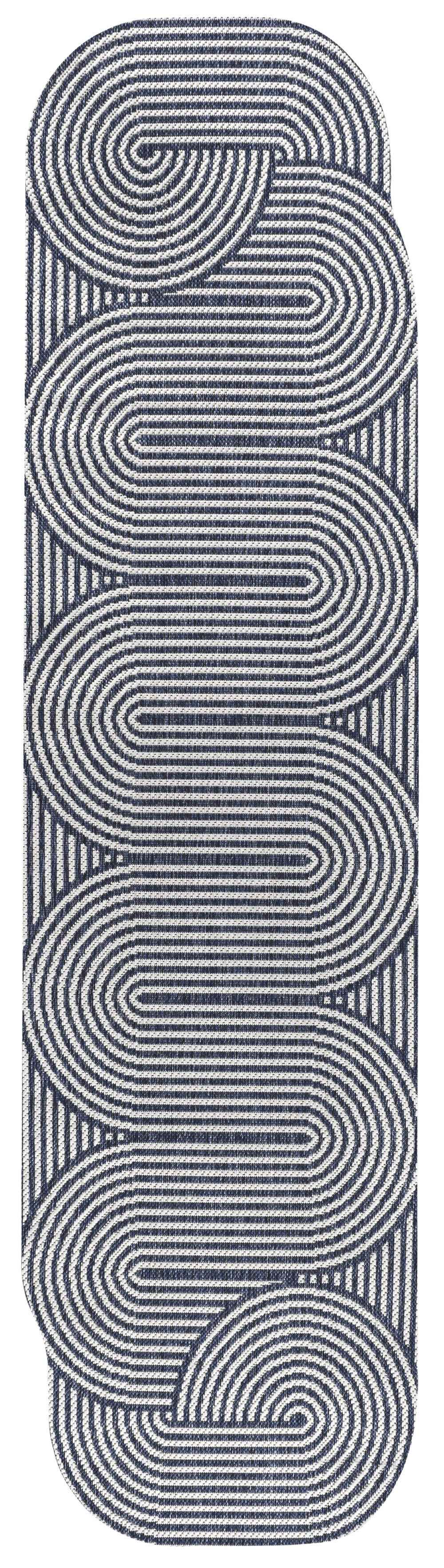 8' Cream And Navy Blue Abstract Indoor Outdoor Runner Rug