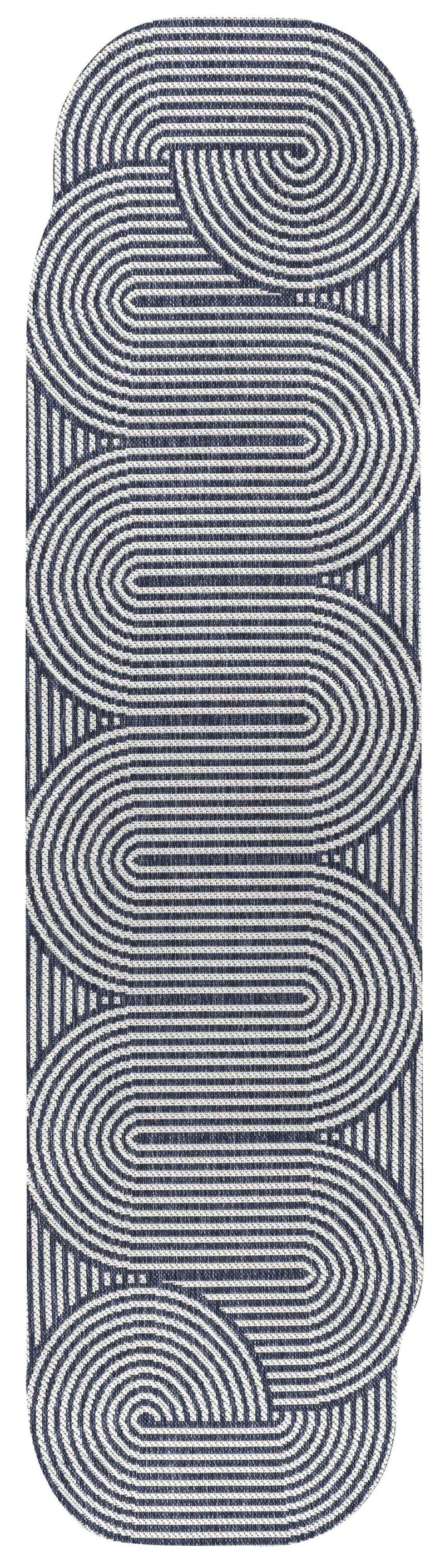 8' Cream And Navy Blue Abstract Indoor Outdoor Runner Rug