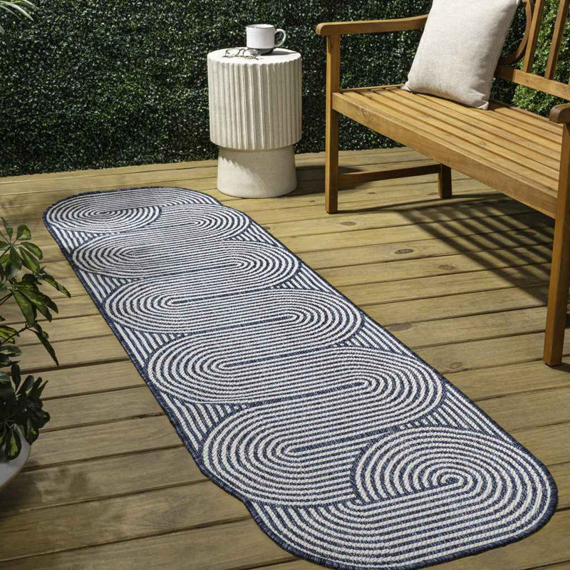 8' Cream And Navy Blue Abstract Indoor Outdoor Runner Rug