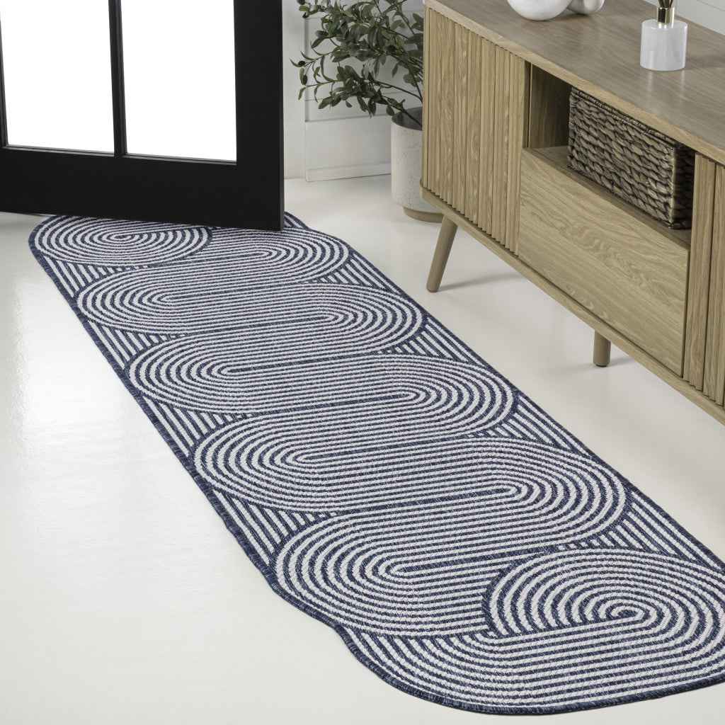 8' Cream And Navy Blue Abstract Indoor Outdoor Runner Rug