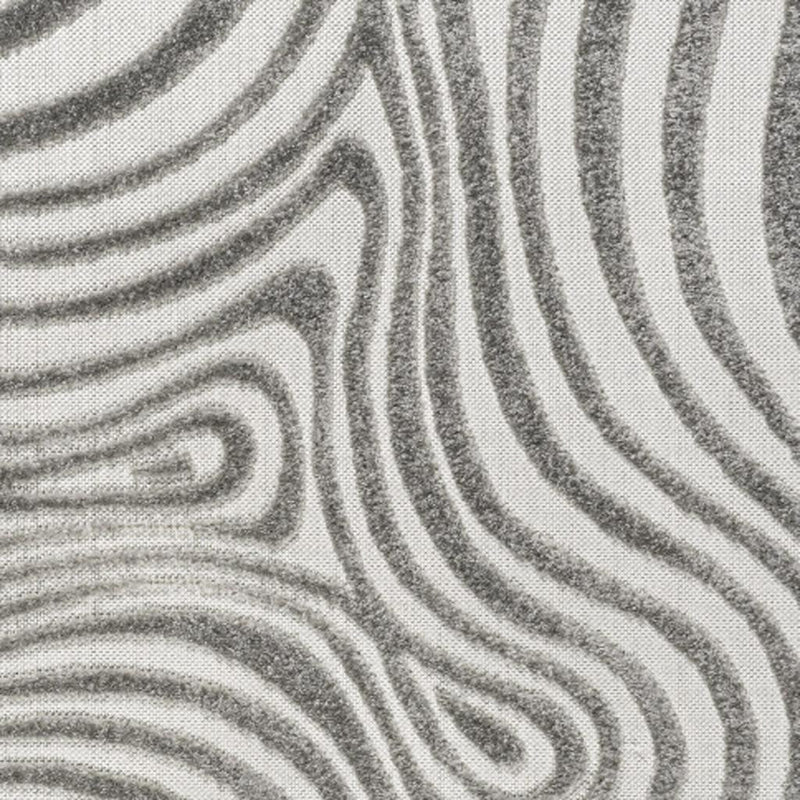 Gray and ivory abstract swirl square area rug with wavy concentric lines