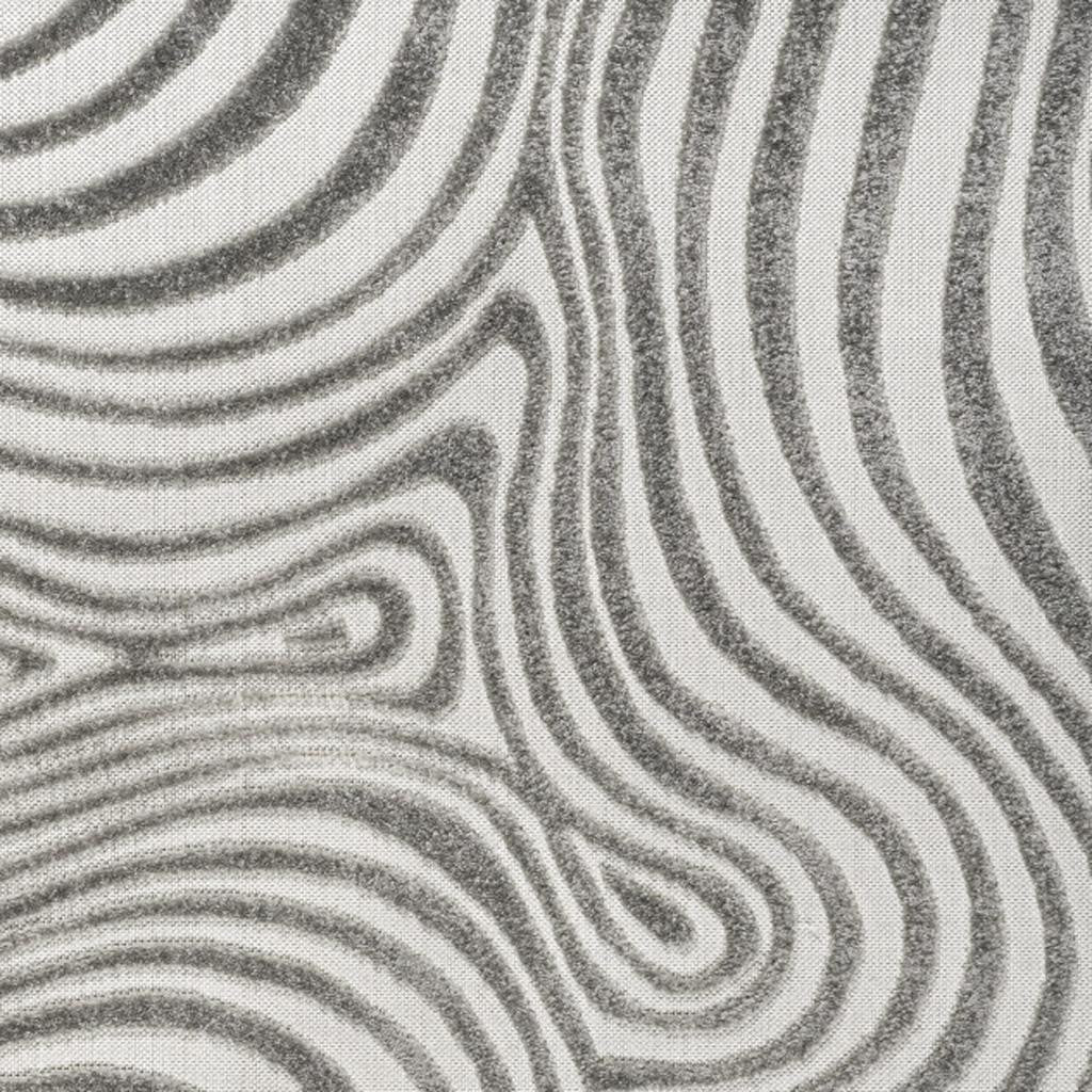 Gray and ivory square area rug close-up with concentric wavy swirl pattern