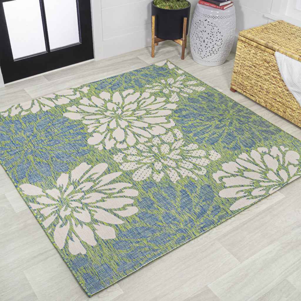 8' Cream And Green Square Floral Indoor Outdoor Area Rug
