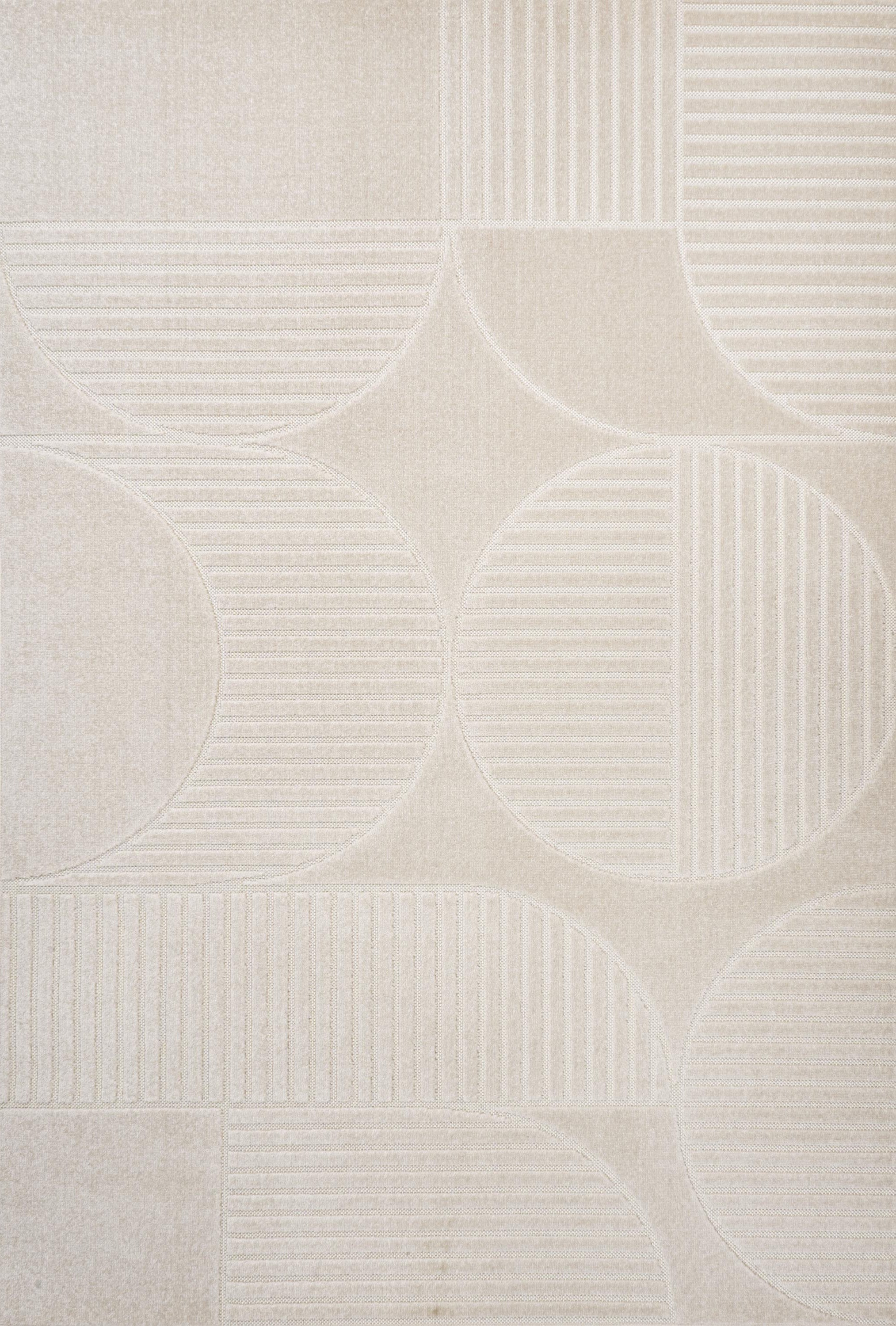 Ivory and cream area rug with overlapping circles and horizontal stripe blocks texture
