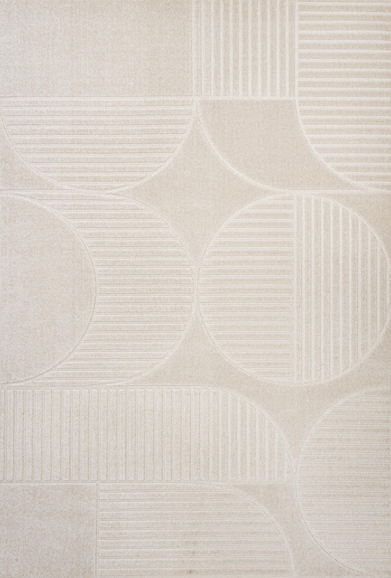 Ivory and cream area rug with overlapping circles and horizontal stripe blocks texture