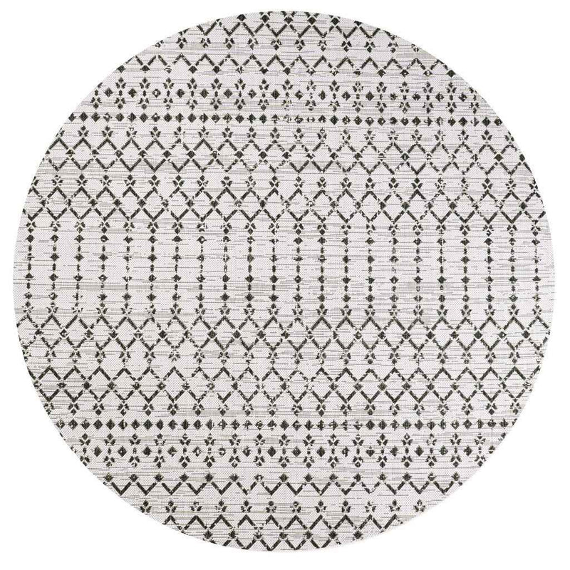 8' Cream And Black Round Trellis Indoor Outdoor Area Rug