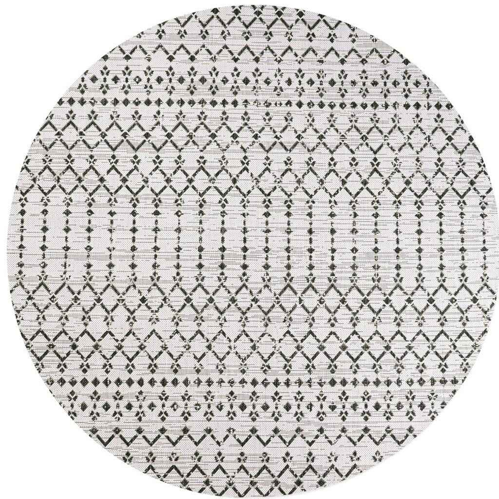 8' Cream And Black Round Trellis Indoor Outdoor Area Rug