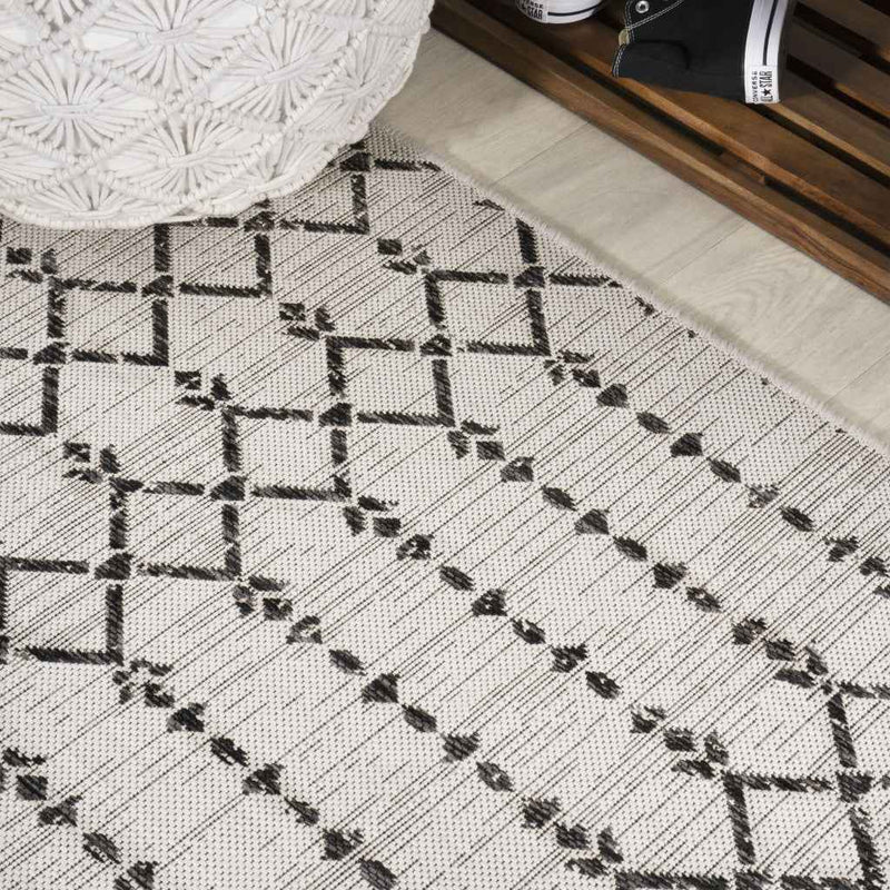 8' Cream And Black Round Trellis Indoor Outdoor Area Rug
