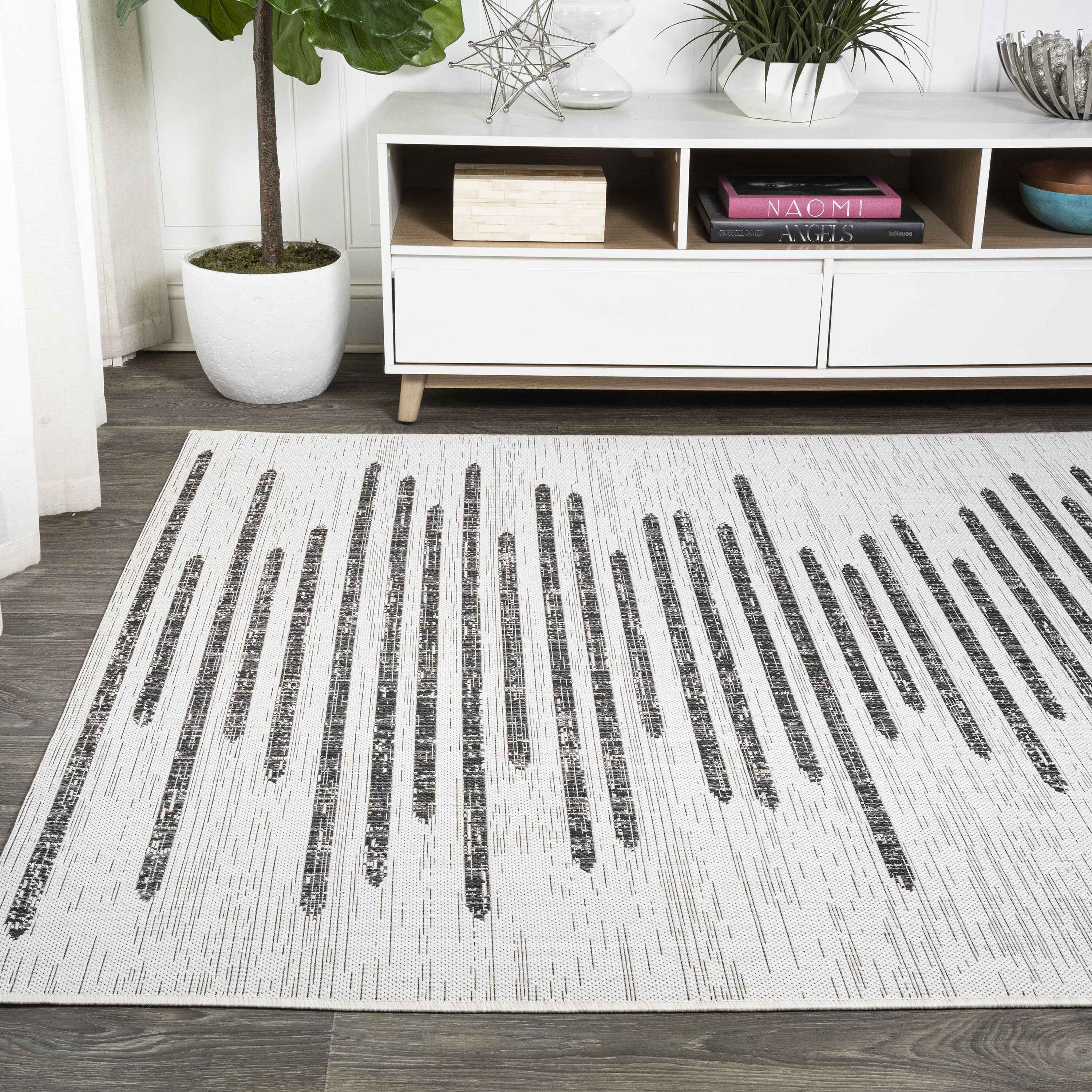 6' X 9' Ivory And Black Striped Indoor Outdoor Area Rug