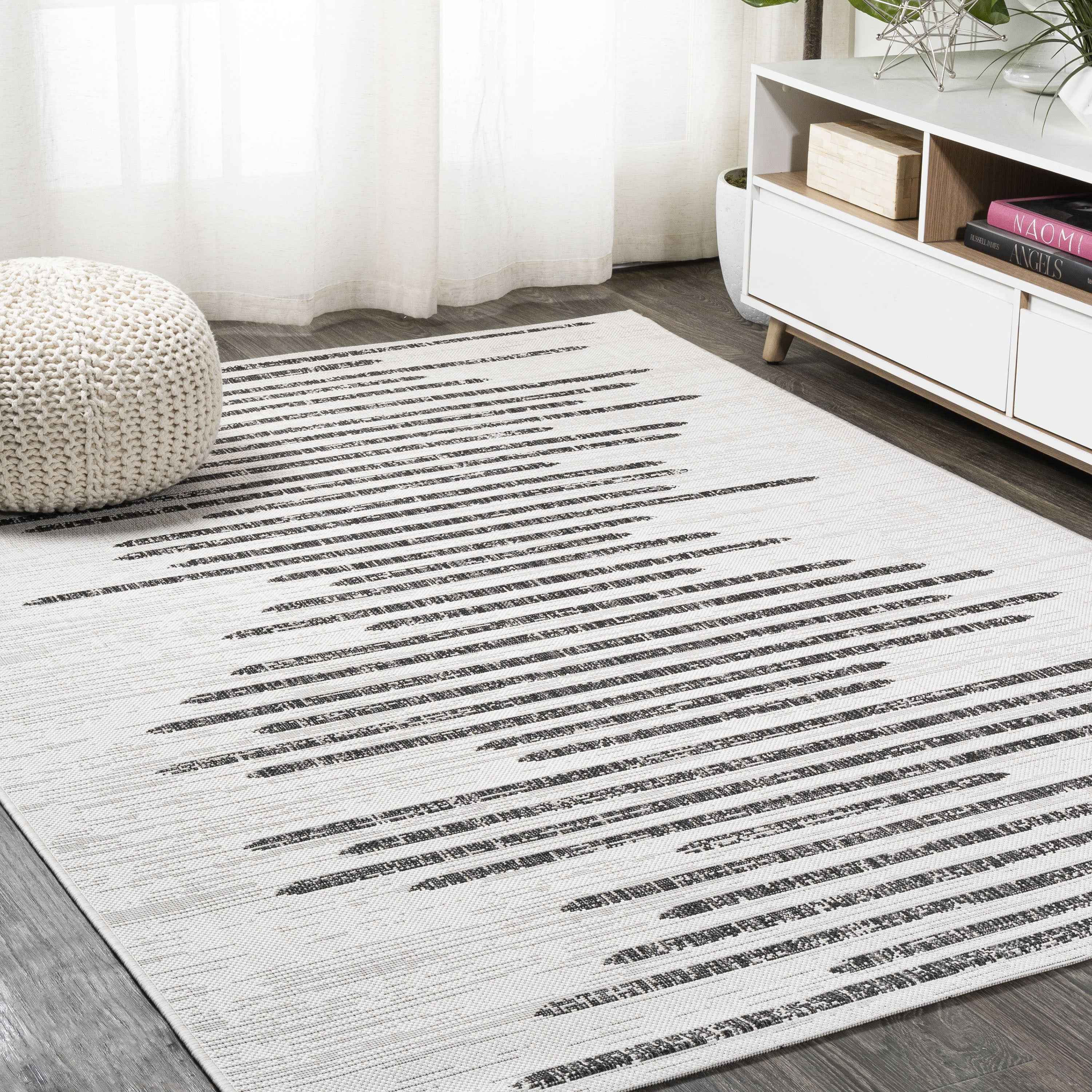 6' X 9' Ivory And Black Striped Indoor Outdoor Area Rug