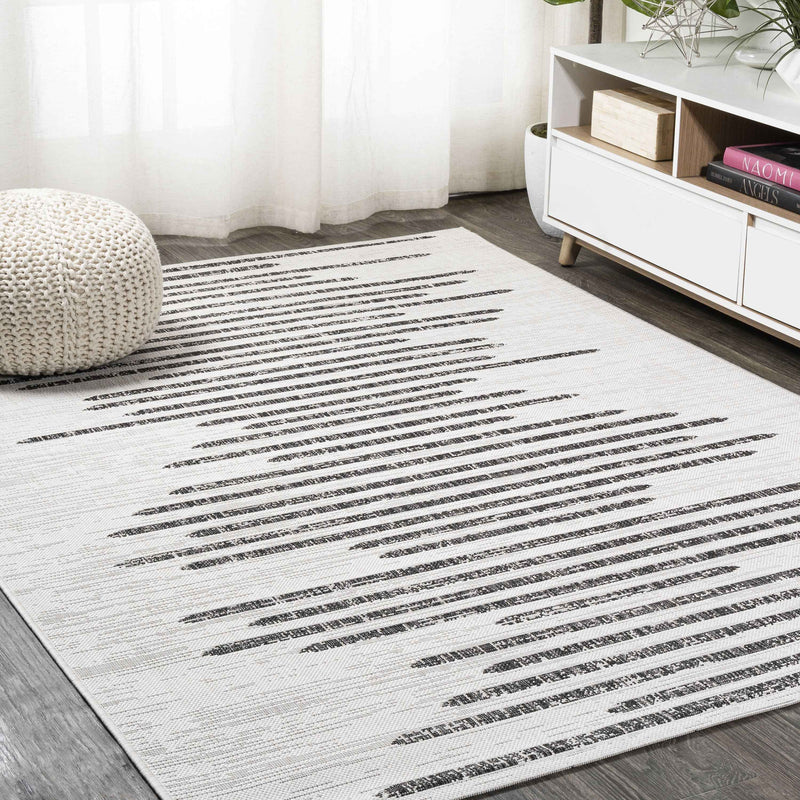 6' X 9' Ivory And Black Striped Indoor Outdoor Area Rug