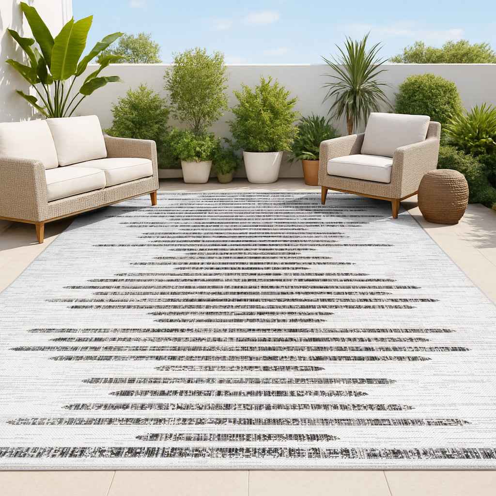 6' X 9' Ivory And Black Striped Indoor Outdoor Area Rug