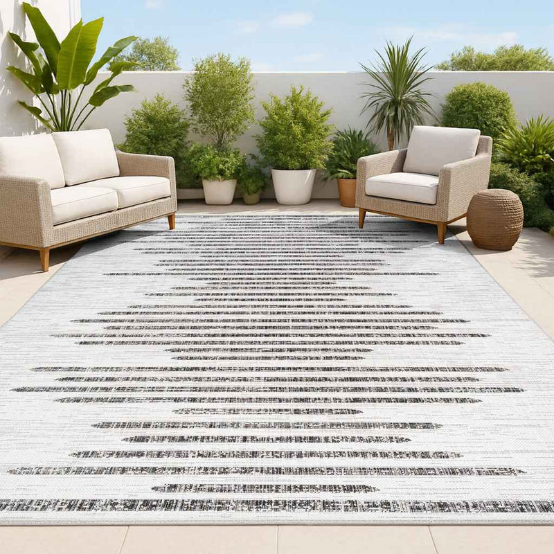 6' X 9' Ivory And Black Striped Indoor Outdoor Area Rug