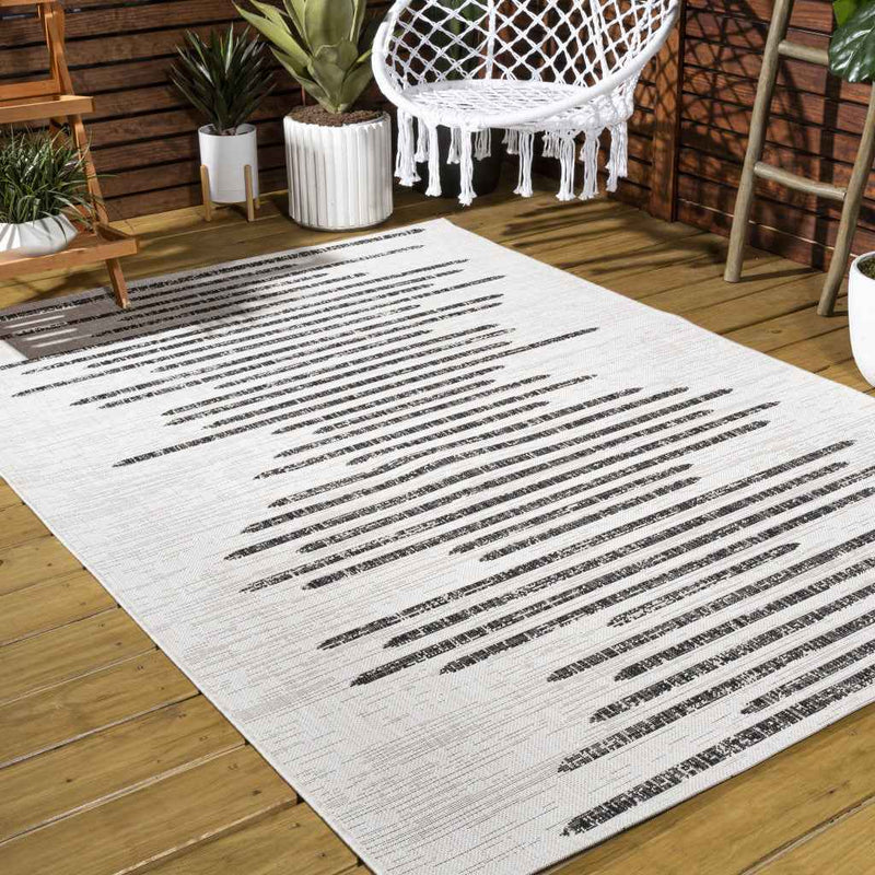 6' X 9' Ivory And Black Striped Indoor Outdoor Area Rug