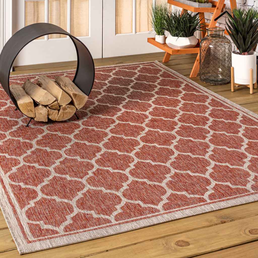6' X 9' Red And Beige Geometric Indoor Outdoor Area Rug
