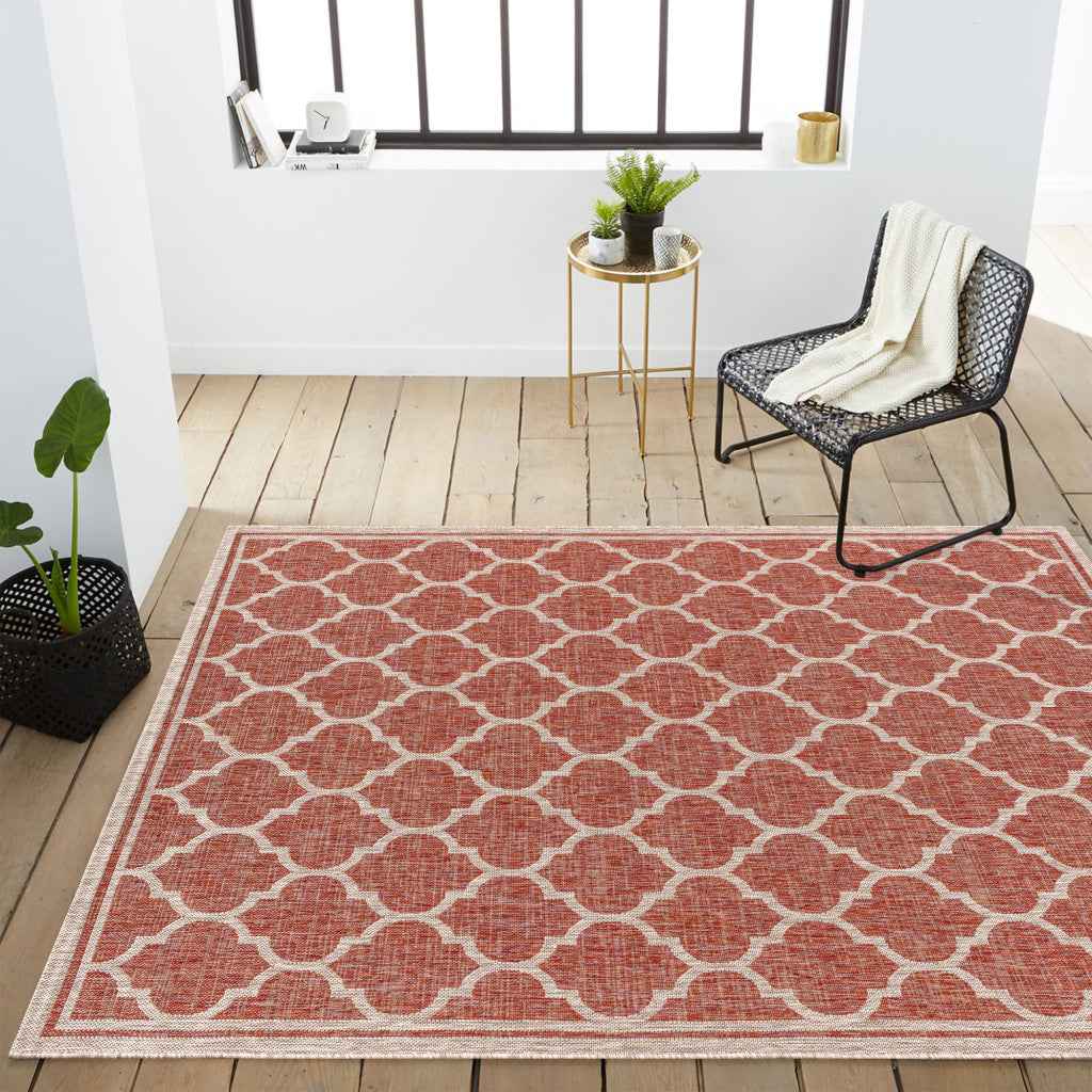 6' X 9' Red And Beige Geometric Indoor Outdoor Area Rug