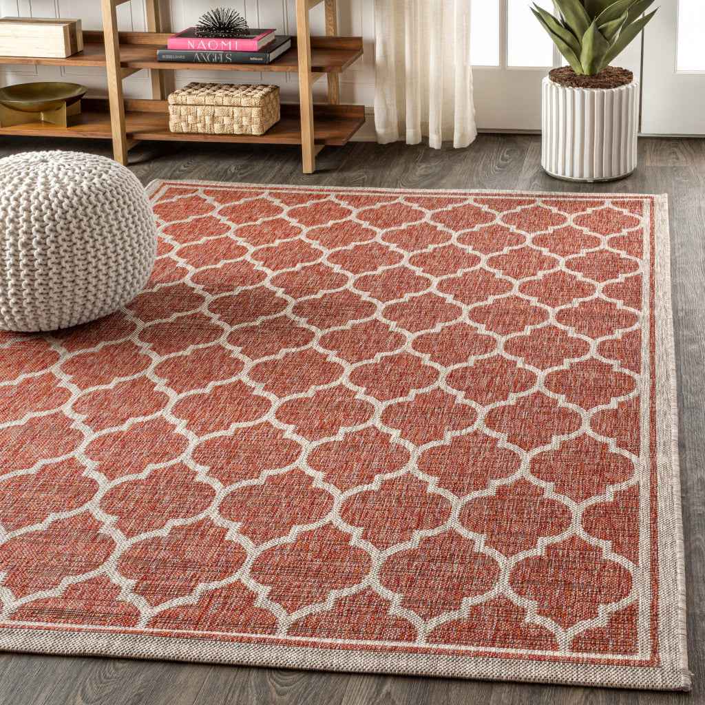 6' X 9' Red And Beige Geometric Indoor Outdoor Area Rug