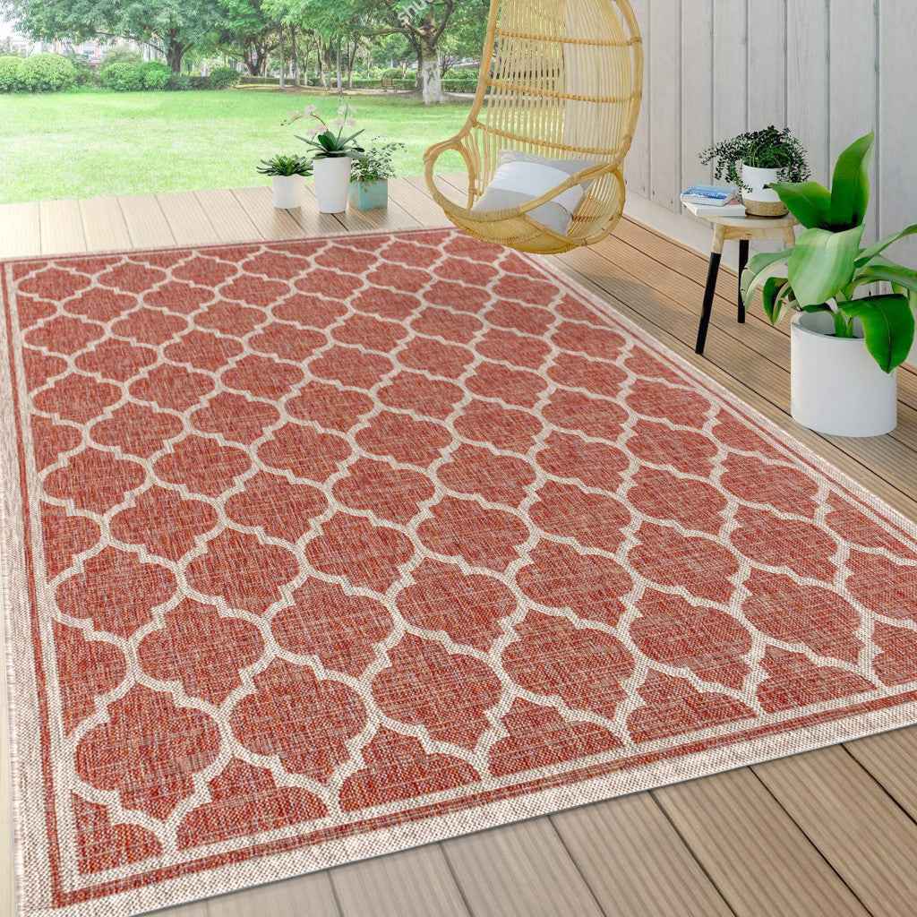 6' X 9' Red And Beige Geometric Indoor Outdoor Area Rug