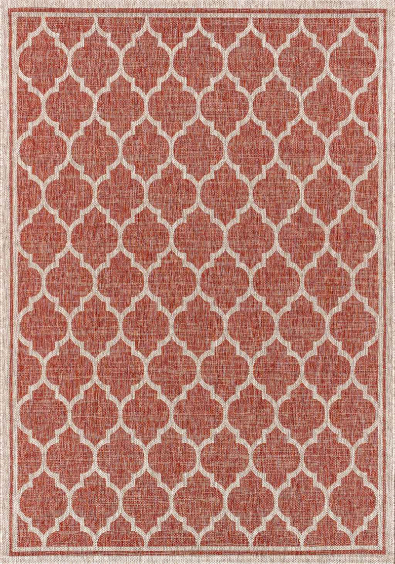 6' X 9' Red And Beige Geometric Indoor Outdoor Area Rug