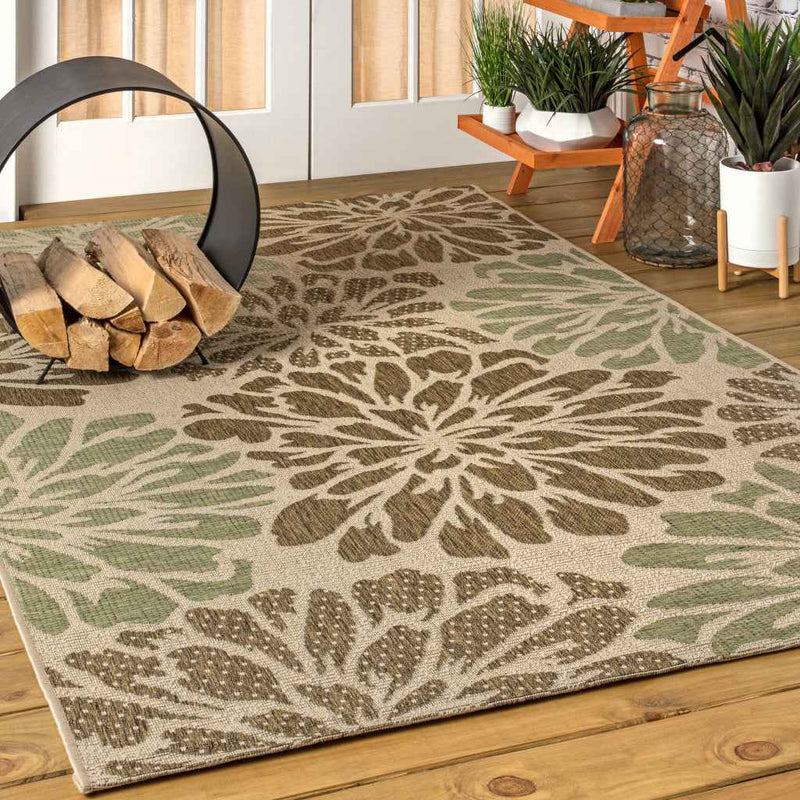 6' X 9' Sage And Brown Floral Indoor Outdoor Area Rug