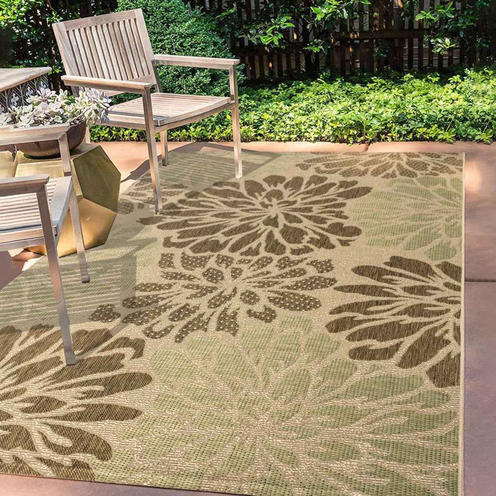 6' X 9' Sage And Brown Floral Indoor Outdoor Area Rug