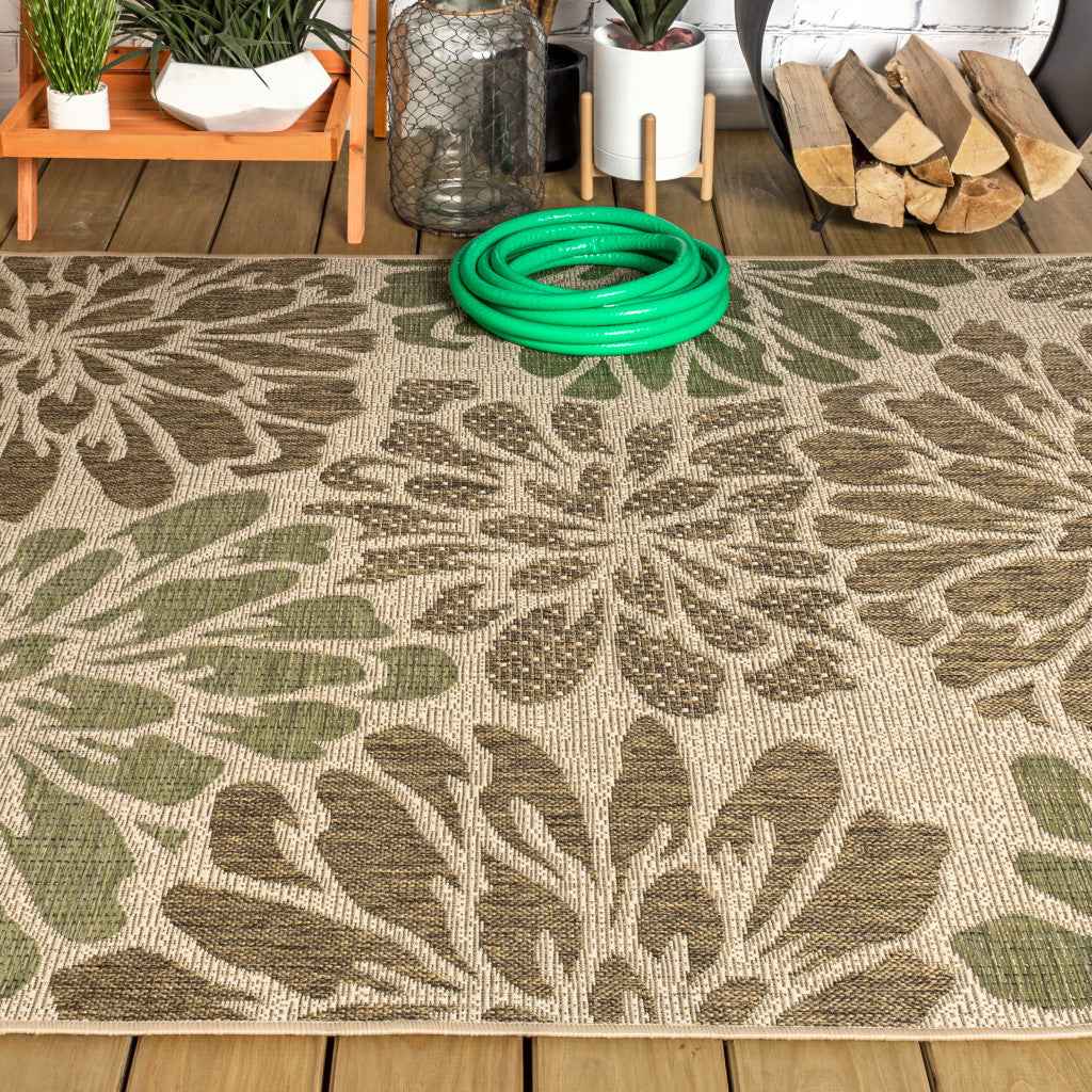 6' X 9' Sage And Brown Floral Indoor Outdoor Area Rug