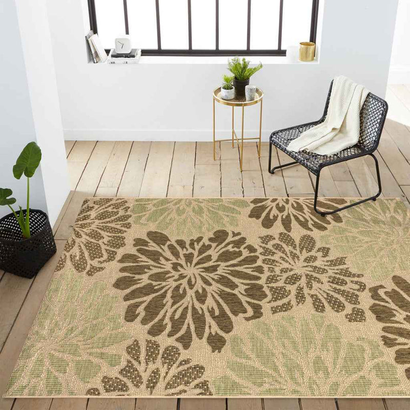 6' X 9' Sage And Brown Floral Indoor Outdoor Area Rug
