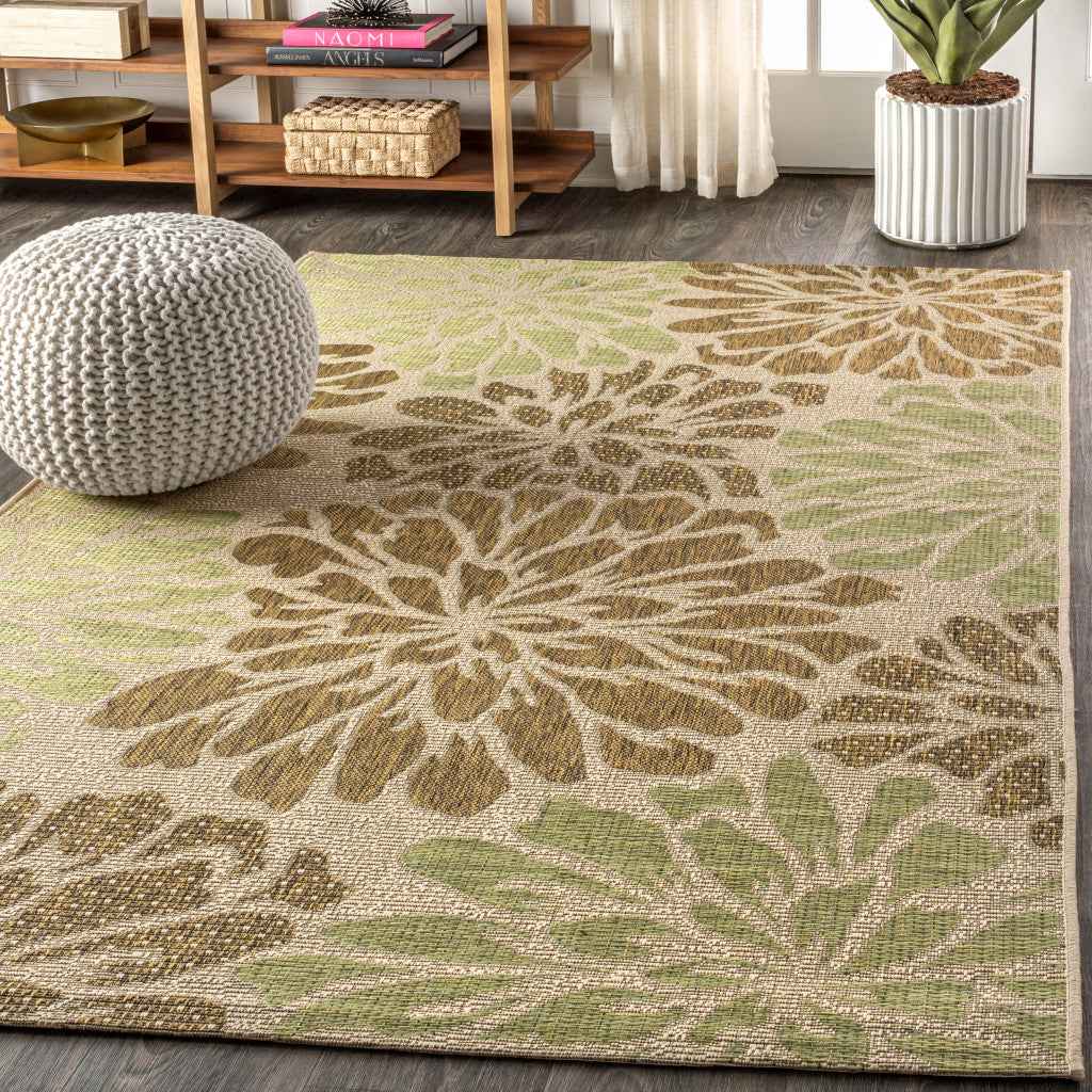 6' X 9' Sage And Brown Floral Indoor Outdoor Area Rug