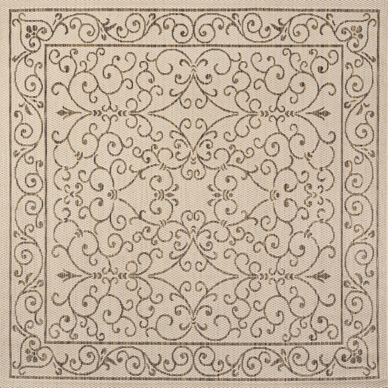 Beige square rug with dark brown ornamental floral scroll centerpiece and frame border.