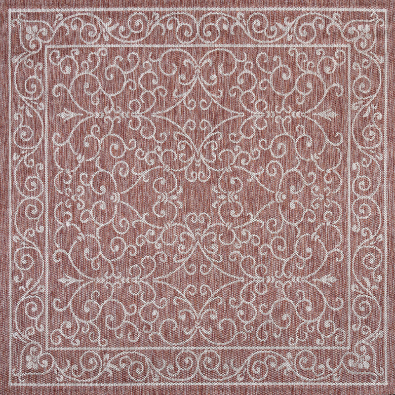 Indoor/outdoor area rug square design with rose-brown and light beige vine pattern