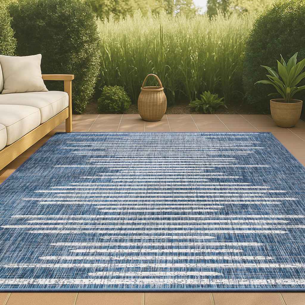9' X 12' Blue And Ivory Striped Indoor Outdoor Area Rug